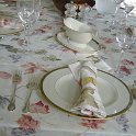 Five Stars!  Sheri is excited about her new table cloth (courtesy of Mom)!